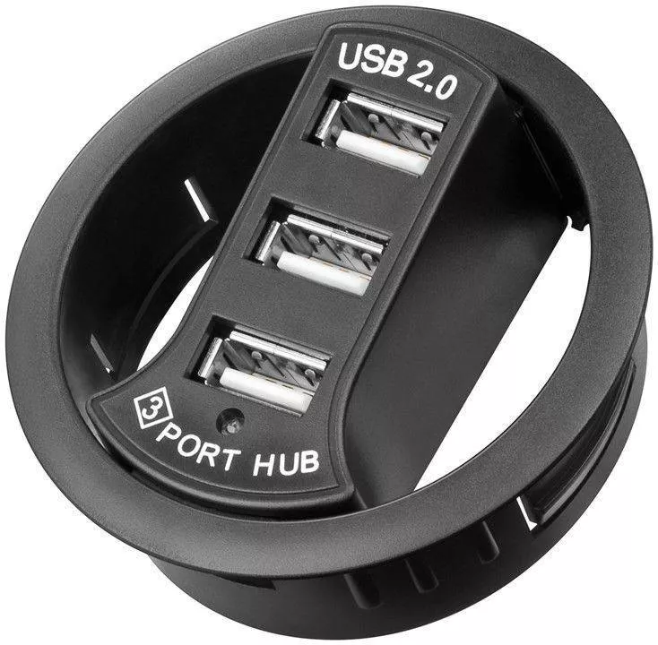Hub-uri USB - Hub USB 2.0 pentru birou Goobay - 3 porturi, montaj în canal de 60mm, compatibil Windows și Mac, negru