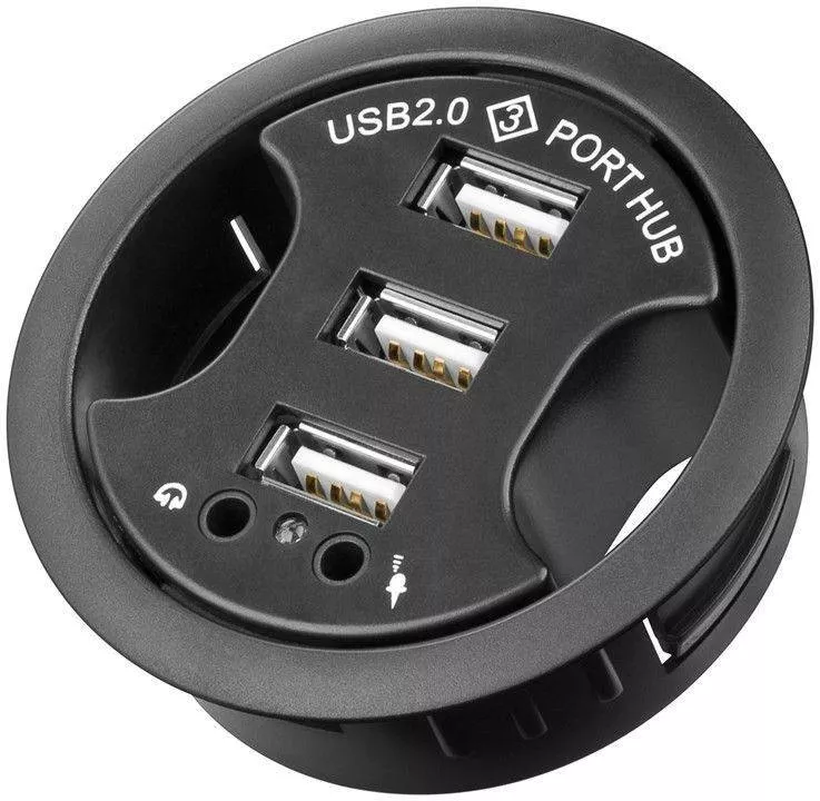 Hub-uri USB - Hub USB 2.0 cu 3 Porturi + Audio, Montare în Birou, Negru, Transfer 480 Mbps, Compatibil Windows & MacOS