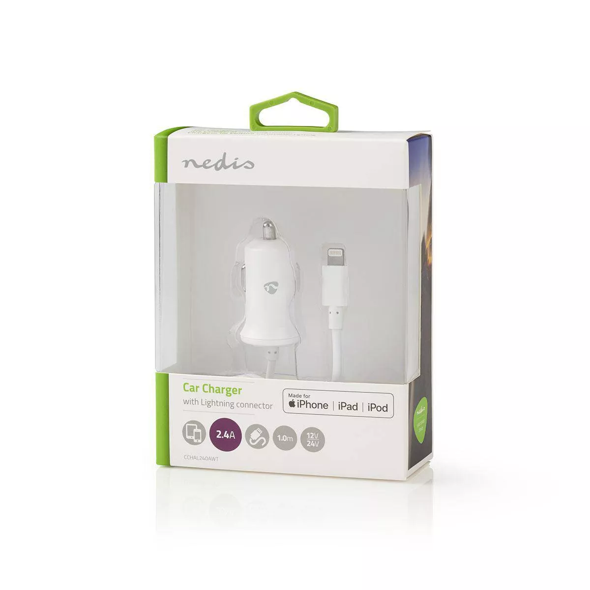 Încărcător auto 12V Apple Lightning 2.4A certificat MFi alb 1m Nedis [2]