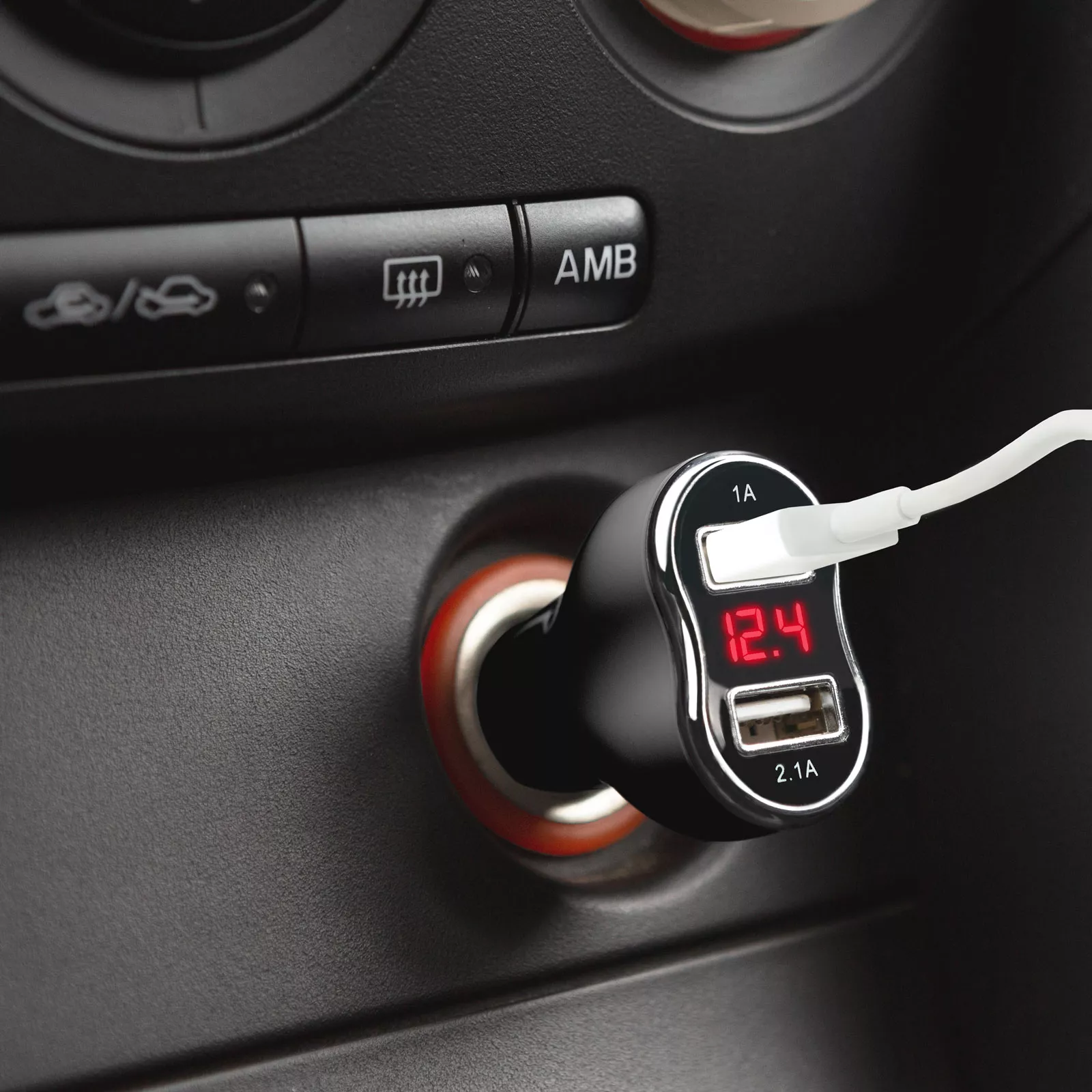 Încărcător auto negru M'N'C 3.1A USB x2 cu voltmetru pentru brichetă 12V/24V DC [1]