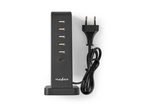 Incarcatoare retea - Încărcător multiport de familie Nedis 5x USB 2.1A (max) 45W + 1x USB Type-C 30W PD negru – IoElectronice.ro