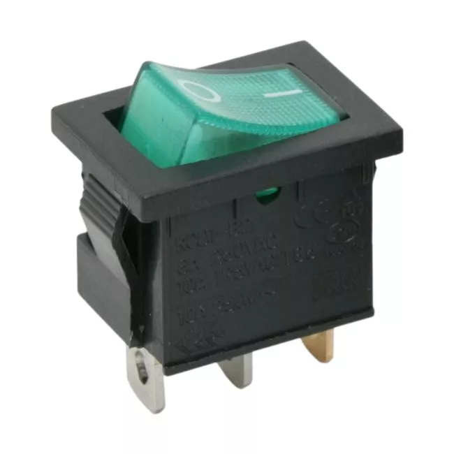 Intrerupatoare-Relee - Interupator basculant 1 circuit 3 pini 6.5A 250V OFF-ON verde cu retinere – IoElectronice.ro