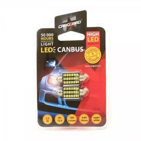 LED Sofit Canbus 39mm 12V 2.5W 189lm alb rece Carguard set 2buc pentru plafoniera număr de înmatriculare [2]