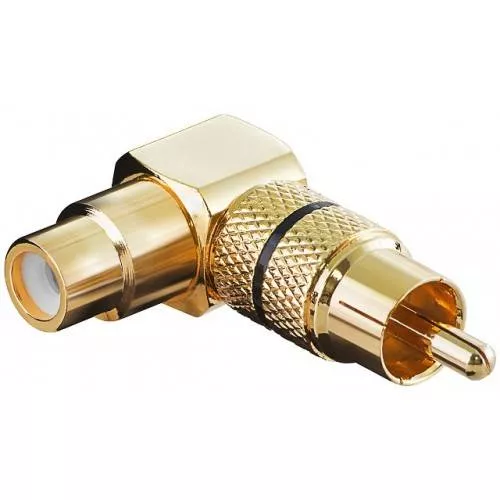 Conectica - Mufa adaptor RCA mama la RCA 90° cu inel negru, aurit, din metal, calitate înaltă, Goobay