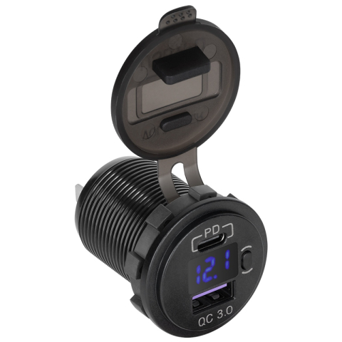 Alimentatoare auto - Mufa montaj USB PD Type C și QC 3.0 48W PEIYING PY-CHR0006, încărcare rapidă, indicator tensiune, compatibil 12-24V