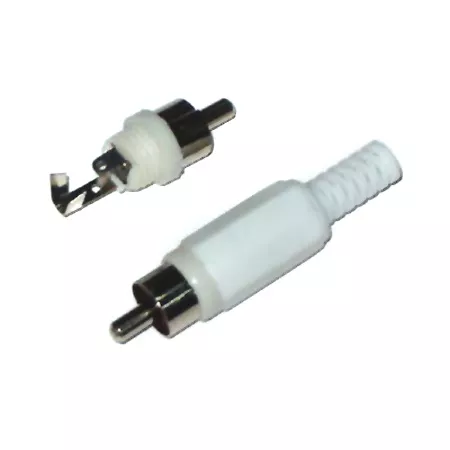 Mufă RCA tata albă OEM cu protecție pentru cablu, garanție 24 luni, conector audio video. [1]