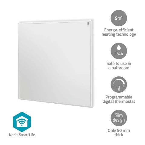 Timere-senzori - Panou radiant infraroșu WiFi Nedis 350W, control vocal, IP44, alb, ideal pentru încăperi până la 9 m²