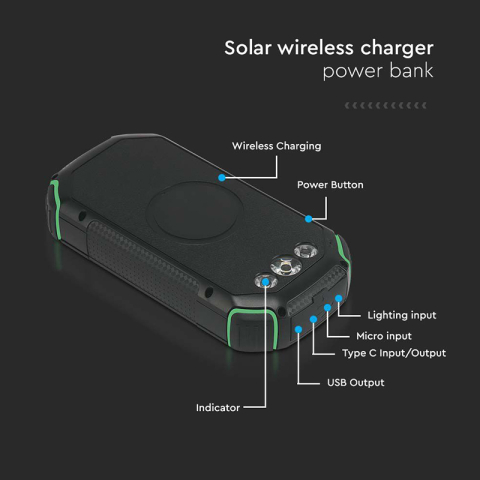 Power Bank 30000mAh Wireless cu încărcare solară V-TAC SKU-7836 negru, 6 luni garanție [5]