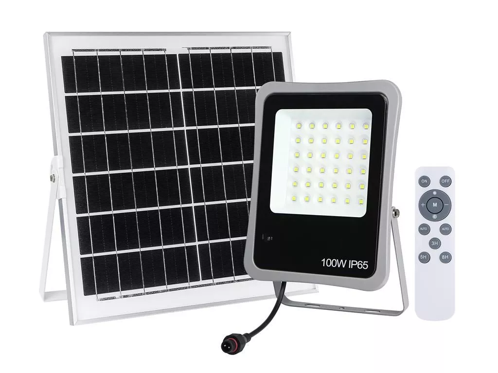 Proiectoare - Proiector solar Well 100W 1200lm alb rece 6500K cu panou solar 15W, dimensiuni 350x350x17 mm, IP65, 24 luni garanție.