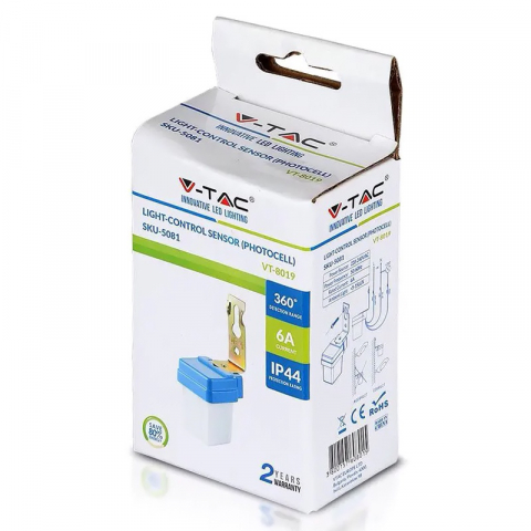 Senzor de lumină fotocelulă 6A IP44 V-TAC, crepuscular zi-noapte, detectare 360°, durată 20.000h [3]
