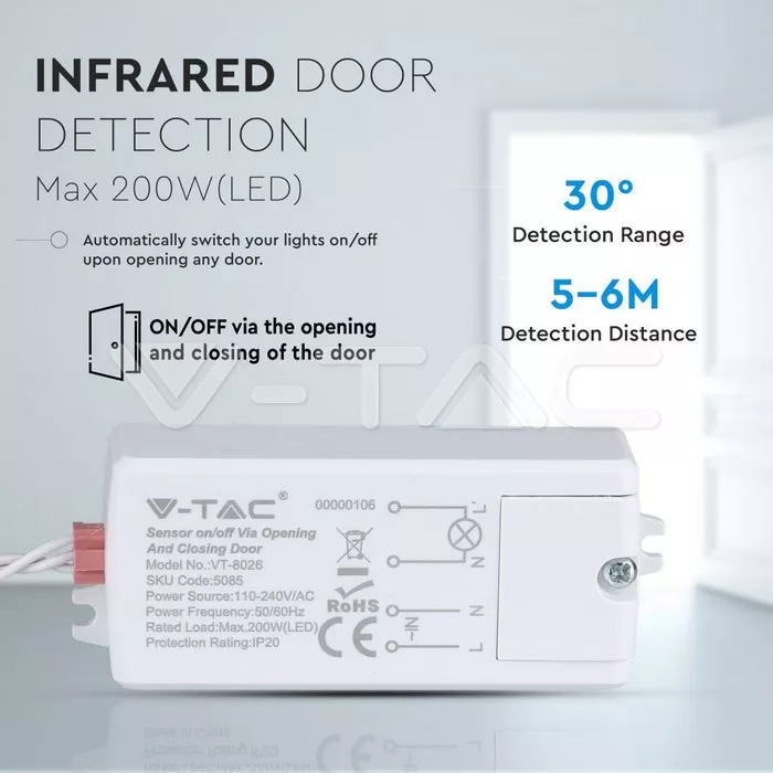Senzor mișcare ON/OFF V-TAC 500W reacție la închidere și deschidere ușă, tip LED, culoare albă [1]