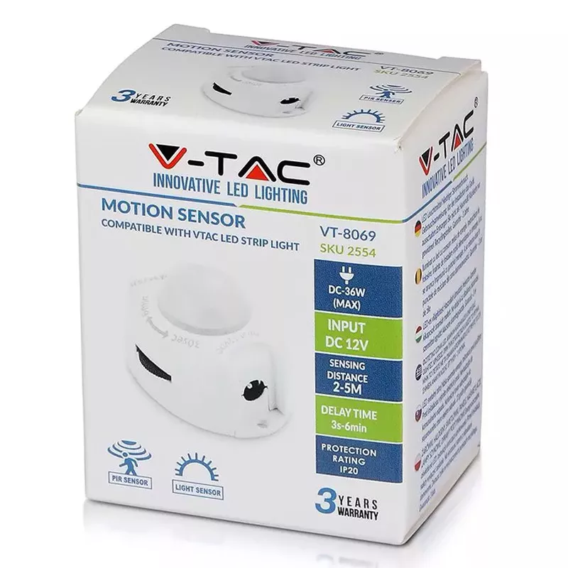 Senzor mișcare pentru bandă LED 12V 36W V-TAC, detectare 2-5m, temporizare 3 sec - 6 min, culoare albă [4]