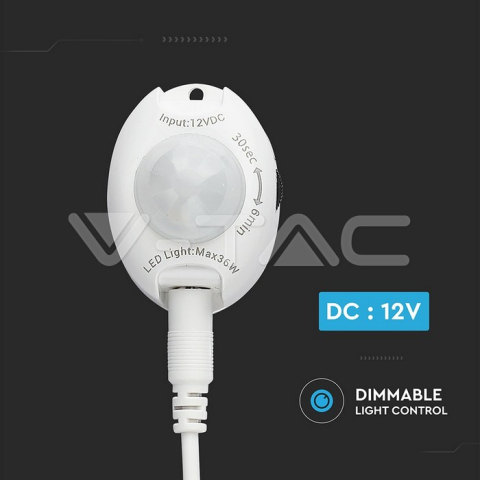 Senzor mișcare pentru bandă LED 12V 36W V-TAC, detectare 2-5m, temporizare 3 sec - 6 min, culoare albă [2]