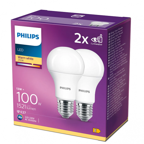 Becuri - Set 2 Becuri LED Philips E27 A60 13W, Lumina Caldă 2700K, Economie Energetică, Durată 15.000h, Ideal pentru Interior