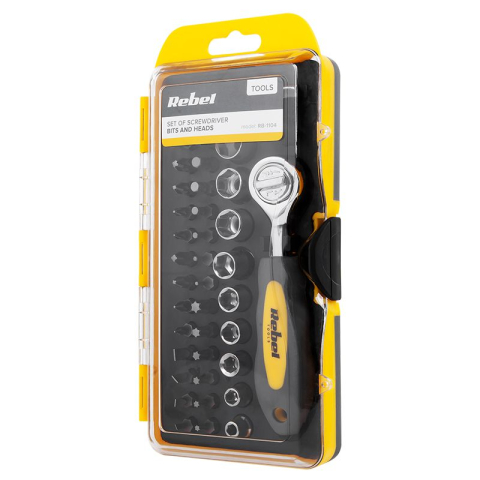 Set biti cu cheie clichet 38 piese REBEL RB-1104, lungime 1/4", compatibil cu diverse șuruburi și piulițe. [1]
