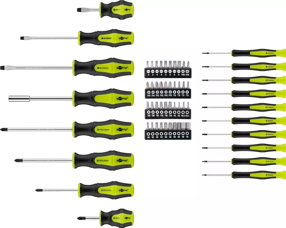 Set șurubelnițe Goobay 58 piese în carcasă plastic, diverse tipuri și dimensiuni, ideal pentru reparații electronice. [1]