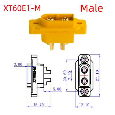 Soclu alimentare DC XT60 tata 2pini AMASS, 30A, 500V, galben, pentru lipire și montare pe panou. [2]