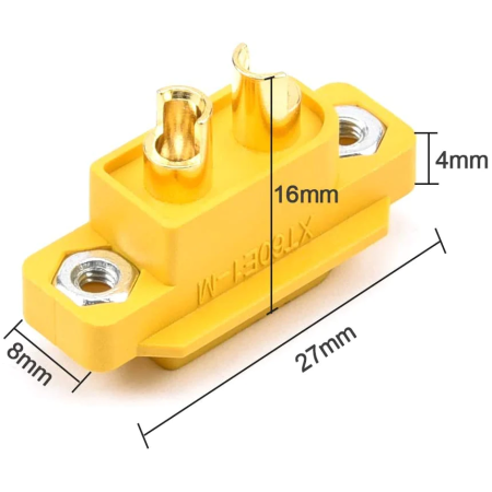 Soclu alimentare DC XT60 tata 2pini AMASS, 30A, 500V, galben, pentru lipire și montare pe panou. [1]