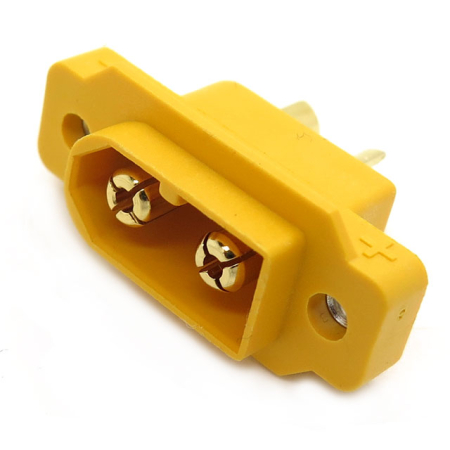 Conectica - Soclu alimentare DC XT60 tata 2pini AMASS, 30A, 500V, galben, pentru lipire și montare pe panou.
