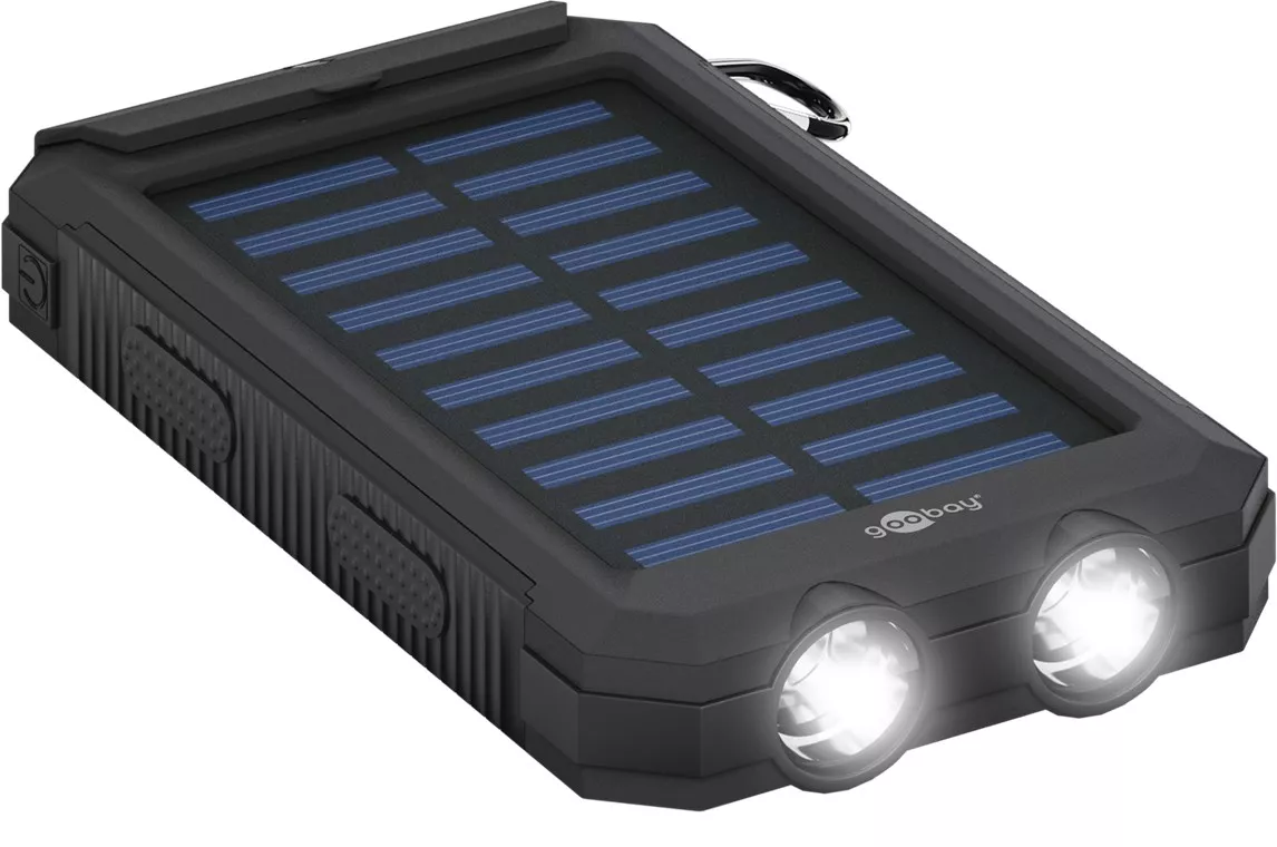 Solar PowerBank 8000mAh cu lanternă LED Goobay, negru, 6 luni garanție, ideal pentru încărcare mobilă. [1]