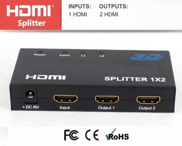 Adaptoare HDMI - Splitter HDMI 1x HDMI→2x HDMI v1.4 4K Ultra HD, 3D, Full HD, 230V AC, 5V, 1A, conectori HDMI mama