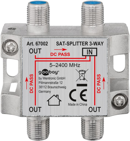 Splitere TV - Splitter SAT 3 Iesiri pentru Dispozitive Satelit 5-2400MHz Goobay 67002 — Conexiuni F, Ecranare 100dB, DC-pass