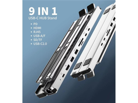 Stand laptop 9 în 1 cu HUB USB-C, reglabil, aluminiu, porturi multiple, portabil, Choetech HUB-M43-SL-V1 [3]