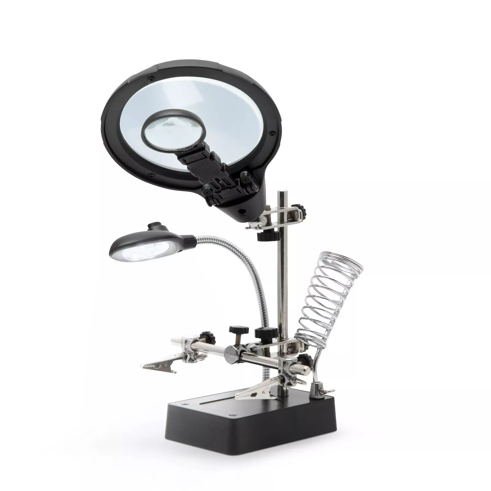 Suporti-bureti letcon - Suport CI cu lupă 9/3 cm iluminată 5x LED 15lm și cleme crocodil Fahrenheit – IoElectronice.ro