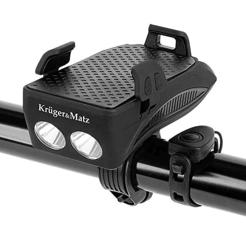 Accesorii Off-Road, ATV, QUAD, SSV - Suport de telefon pentru bicicletă 3in1 XT50 KRUGER&MATZ cu powerbank, iluminare LED și claxon pentru siguranță maximă