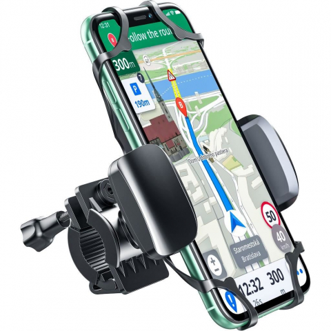 Suport telefon pentru bicicletă negru Inter-Tech MTH-200, compatibil 4.5-7 inch, rotire 360°, ajustare verticală, prindere sigură [1]