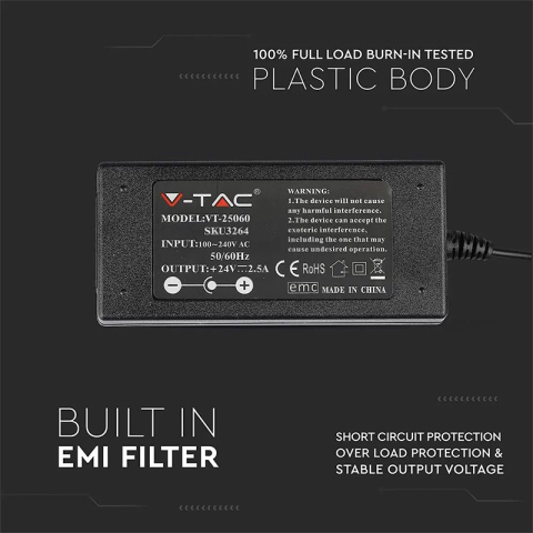 Sursă Alimentare SMPS SLIM 24V 2.5A 60W V-TAC – Puternic, Compact, IP44, Durată 20.000h [3]