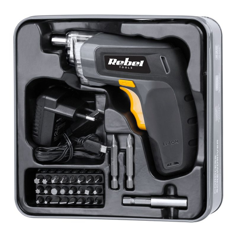 Șurubelniță cu acumulator 3.6V 1300mAh 27 capete REBEL RB-1001, tip compact, utilizare versatilă, ideală pentru reparații. [6]