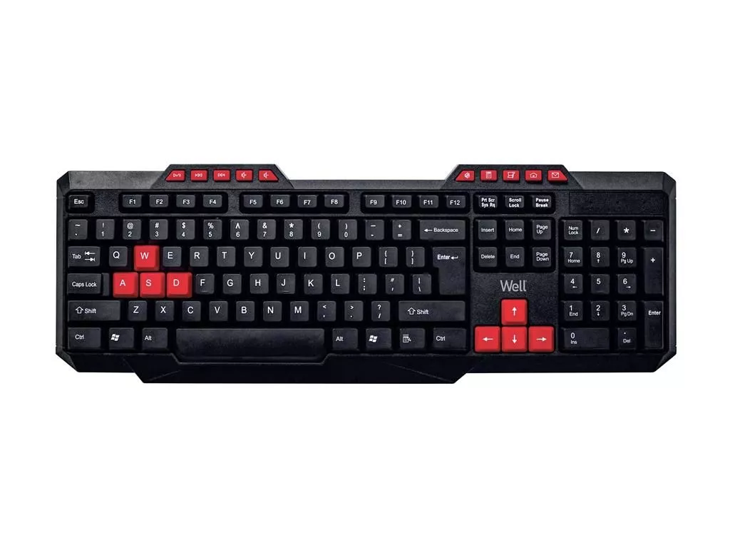 Computer-laptop - Tastatură USB multimedia Well KU003 negru, ergonomic, rezistent la stropire, cablu 1.35m, design subțire și modern