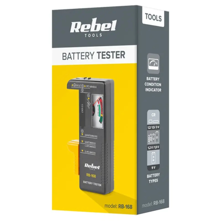 Tester baterii Rebel RB-168 pentru 9V, tip buton, AAA, AA, C, D, lungime compactă, brand REBEL. [2]
