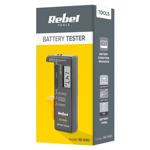 Tester digital baterii 9V, AA, AAA, C, D REBEL, model 6LR61, R6, R3, R14, R20, CR, afisaj LCD. [1]