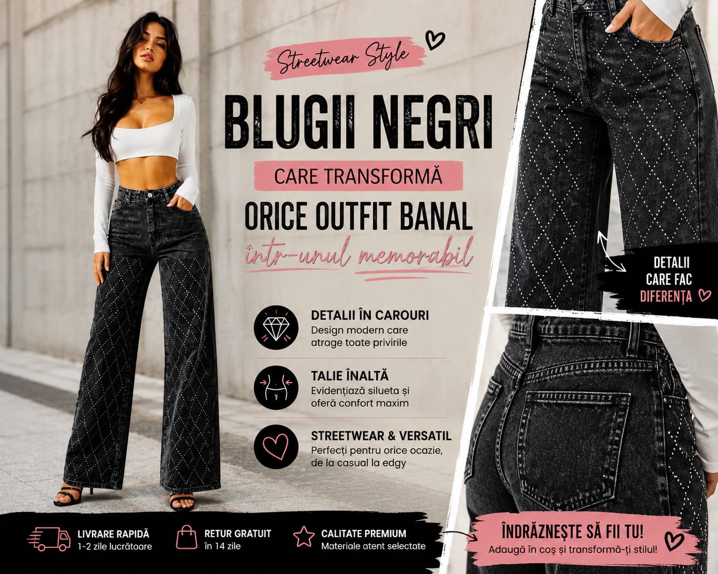 Bkugi Damă Negri cu Carouri Strasuri  - Ghid de Stil Streetwear