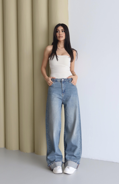 Blugi Dama Mom Wide-Leg Albastru Deschis Lacarino - Isabellia.ro [2]