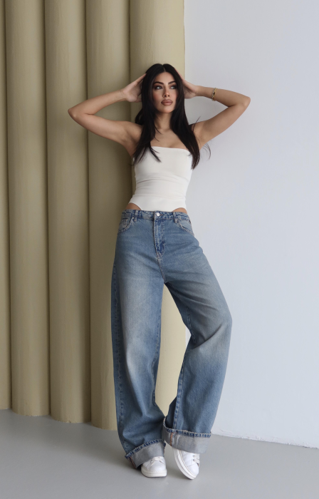 Blugi Dama Mom Wide-Leg Albastru Deschis Lacarino - Isabellia.ro [5]