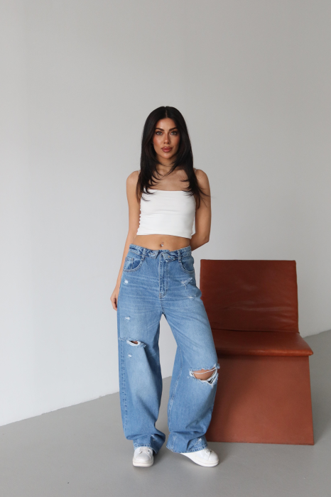 Blugi Dama High-Waist Wide-Leg Albastru Deschis Lacarino - Isabellia.ro [5]