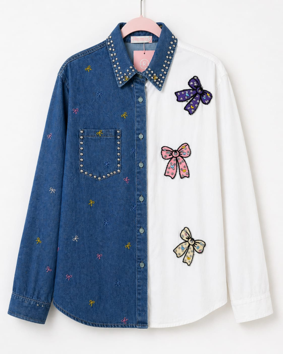 camasa bicolora denim white bow delight isabellia [4]