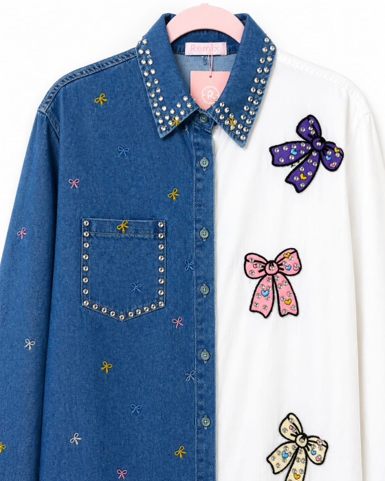 camasa bicolora denim white bow delight isabellia [3]