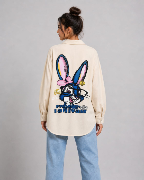 Cămașă Oversize Street Bunny Cream Edition cu Imprimeu Grafic pe Spate - Isabellia [2]