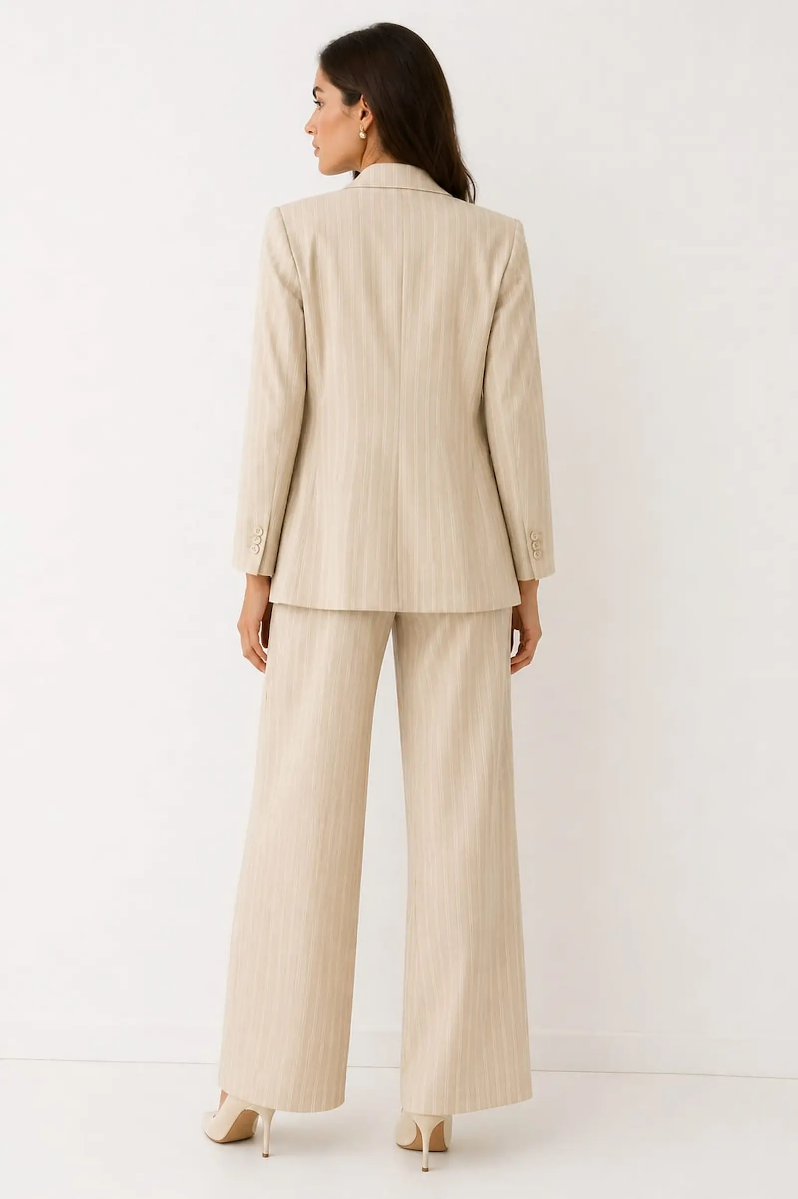 Costum Dama Office cu Dungi Bej - Sacou si Pantaloni Wide-Leg - Isabellia.ro [3]