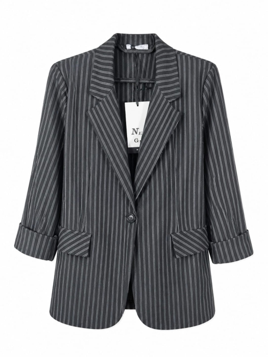 Costum Dama Office cu Dungi Negru - Sacou si Pantaloni Wide-Leg - Isabellia.ro [3]