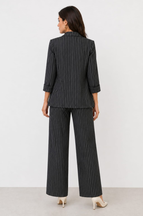 Costum Dama Office cu Dungi Negru - Sacou si Pantaloni Wide-Leg - Isabellia.ro [2]
