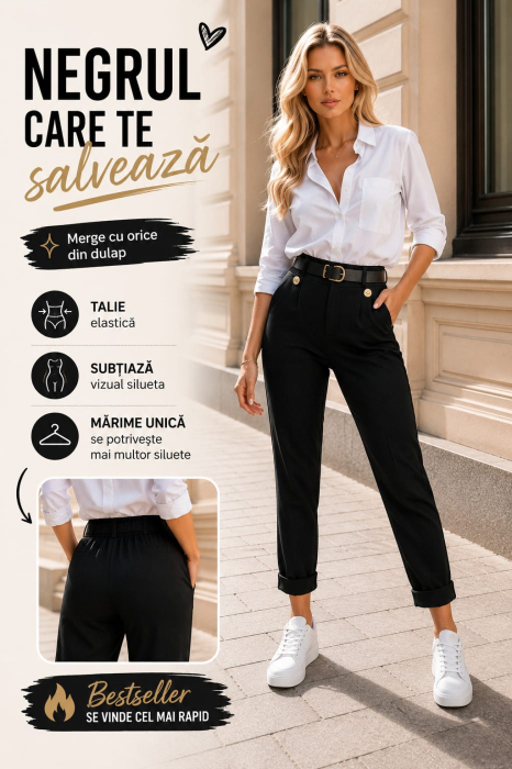 Pantaloni Negri Damă cu Talie Elastică Eleganți [7]