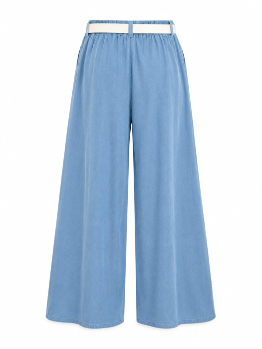 Pantaloni Palazzo Denim Bleu Talie Elastică Curea [4]