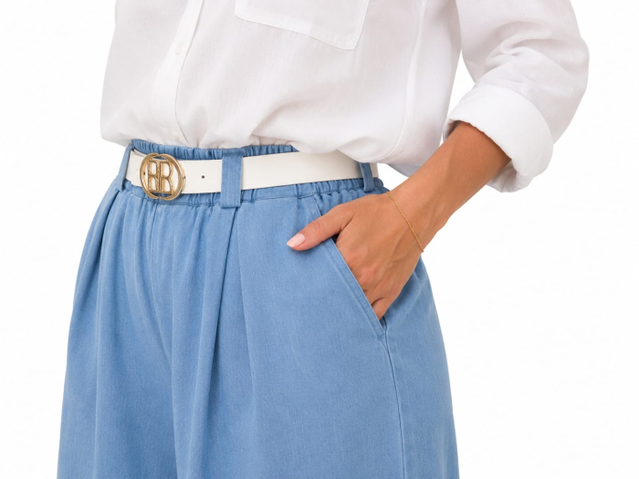 Pantaloni Palazzo Denim Bleu Talie Elastică Curea [5]