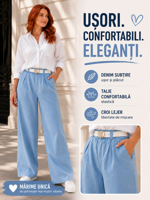 Pantaloni Palazzo Denim Bleu Talie Elastică Curea [6]