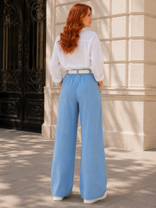 Pantaloni Palazzo Denim Bleu Talie Elastică Curea [2]